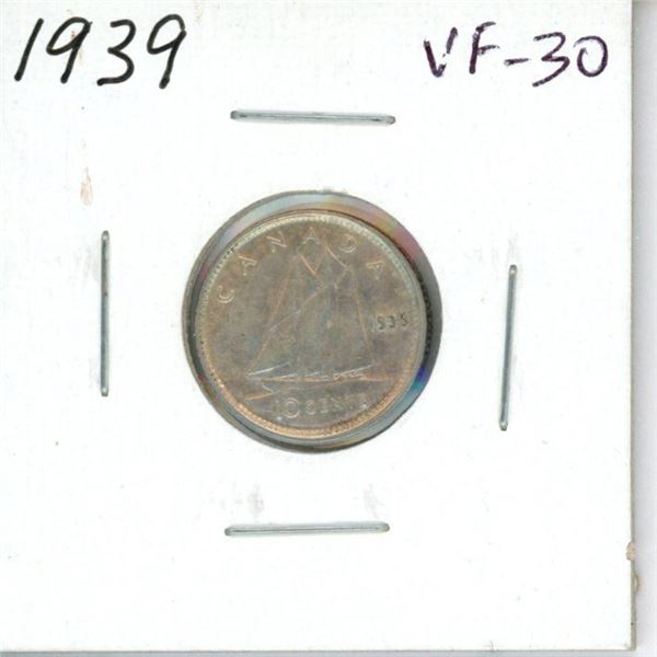 1939 Canadian Silver 10 Cents. World War II issue. VF-30.