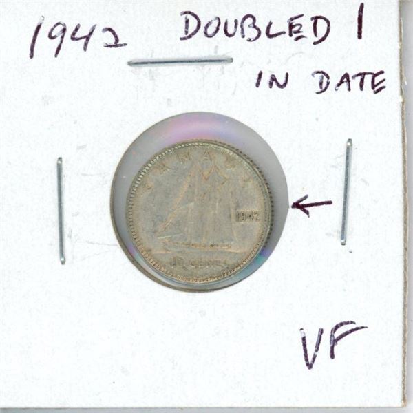 1942 Doubled 1 in Date Canadian Silver 10 Cents. Scarce variety. VF-20.