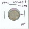 1942 Doubled 1 in Date Canadian Silver 10 Cents. Scarce variety. VF-20.