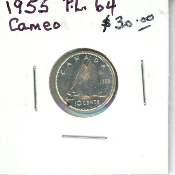 1955 Canadian Silver 10 Cents. PL-64. Cameo.