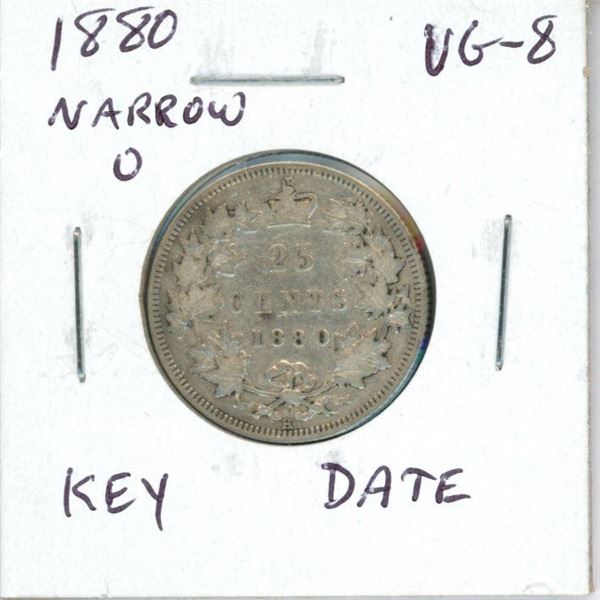 1880 Narrow 0 Canadian Victorian Silver 25 Cents. Key Date. VG-8.