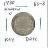 1880 Narrow 0 Canadian Victorian Silver 25 Cents. Key Date. VG-8.