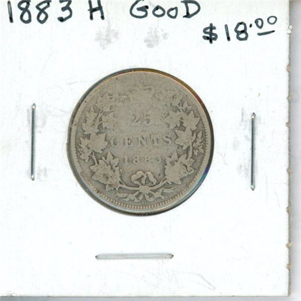 1883H Canadian Victorian Silver 25 Cents. Heaton Mint. Good.