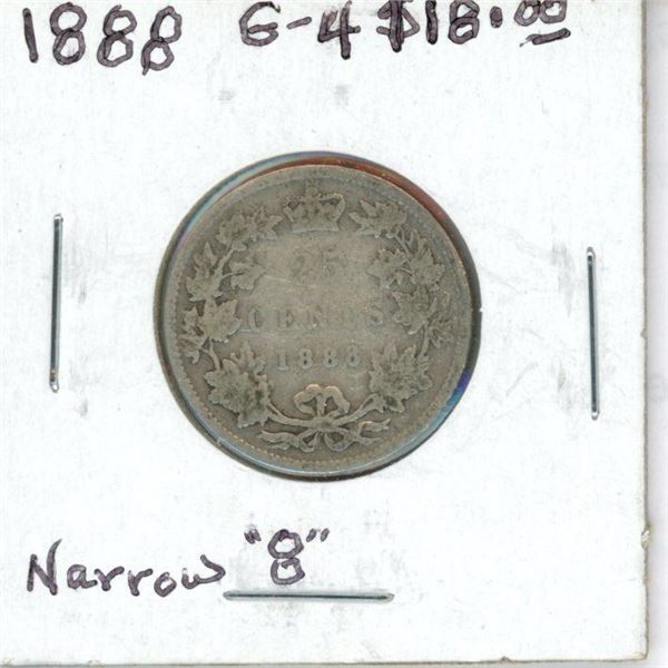 1888 Narrow 8 Canadian Victorian Silver 25 Cents. Key Date. Mintage of 400,000. Good.