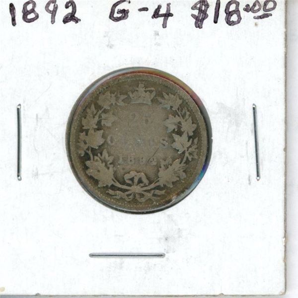 1892 Canadian Victorian Silver 25 Cents. Key Date. Mintage of 510,000. Good.
