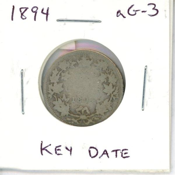 1894 Canadian Victorian Silver 25 Cents. Key Date. Mintage of 220,000. aG-3.