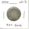 1894 Canadian Victorian Silver 25 Cents. Key Date. Mintage of 220,000. aG-3.