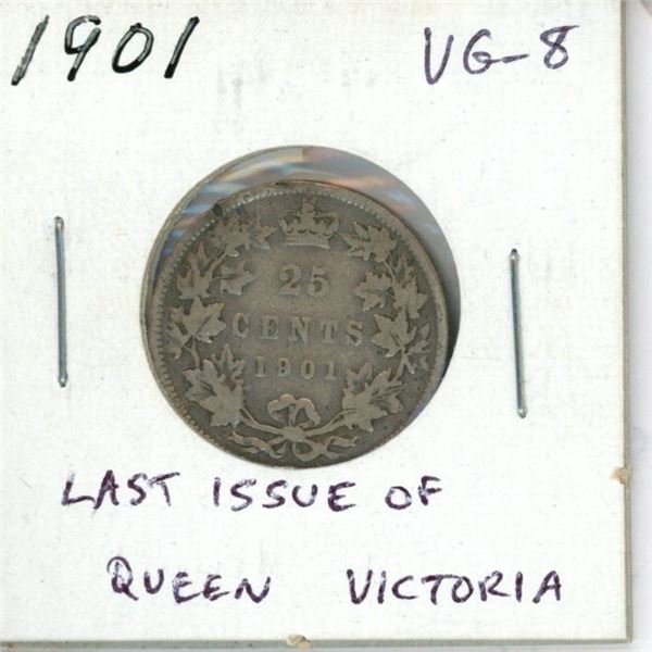 1901 Canadian Victorian Silver 25 Cents. The last 25 cents issued for Queen Victoria. VG-8.
