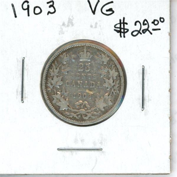 1903 Canadian Silver 25 Cents. VG-8.