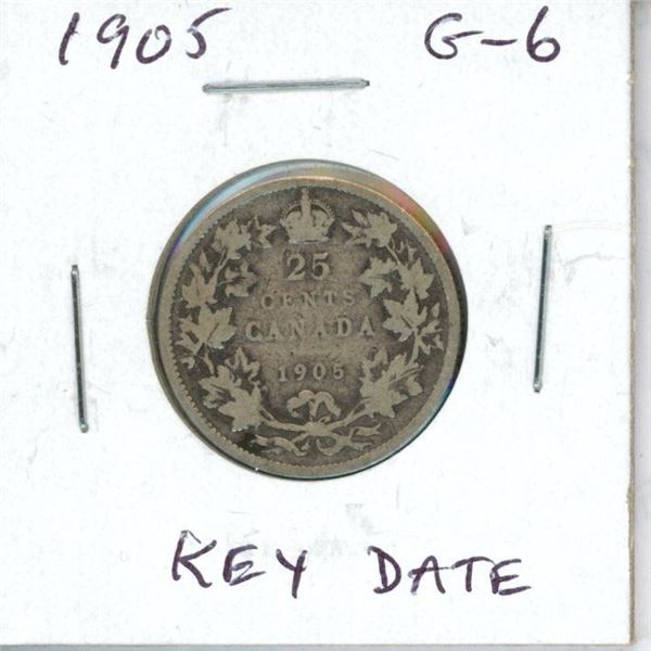 1905 Canadian Silver 25 Cents. Key Date. Mintage of 800,000. G-6.