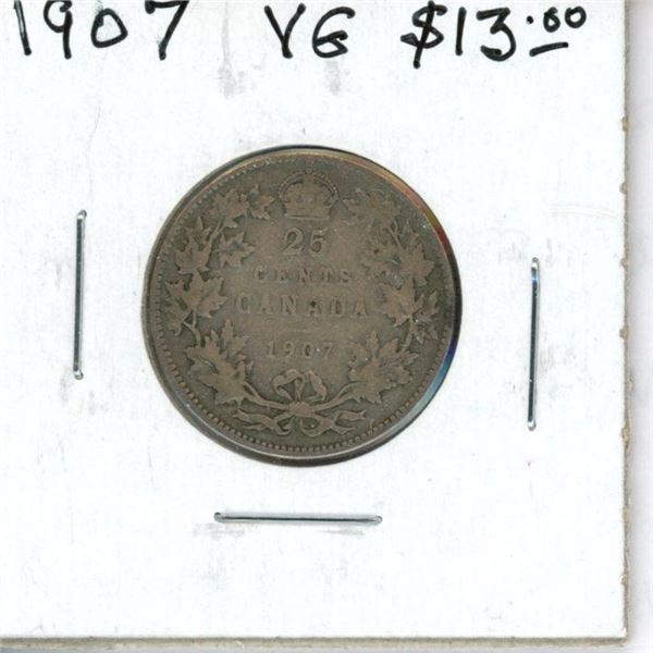 1907 Canadian Silver 25 Cents. VG-8.
