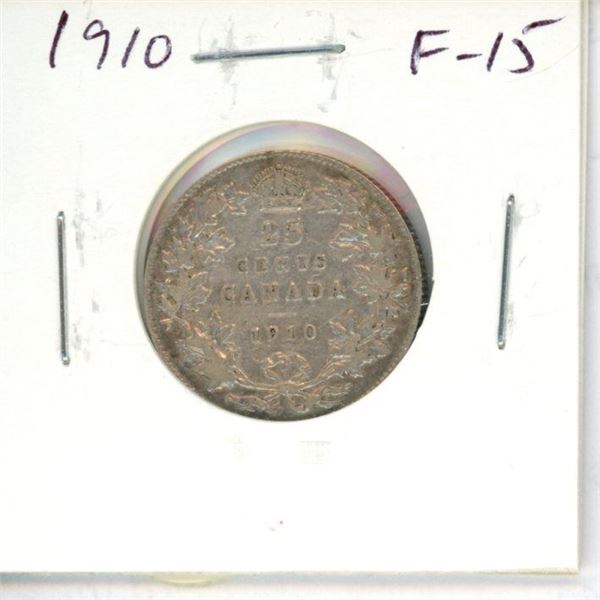1910 Canadian Silver 25 Cents. The last 25 cents issued for King Edward VII. F-15.