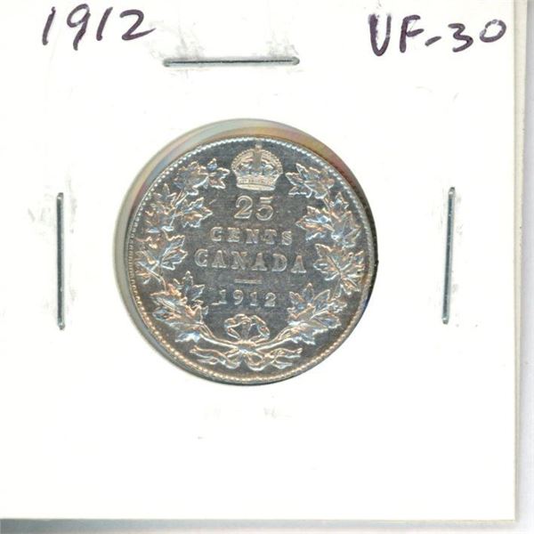 1912 Canadian Silver 25 Cents. VF-30. Nice.