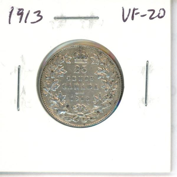 1913 Canadian Silver 25 Cents. VF-20. Nice.