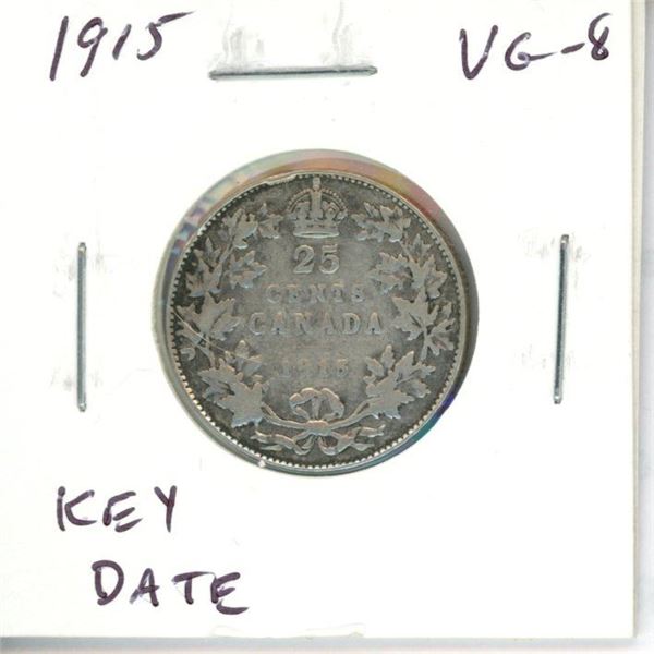 1915 Canadian Silver 25 Cents. Key Date. Mintage of 242,382. VG-8.
