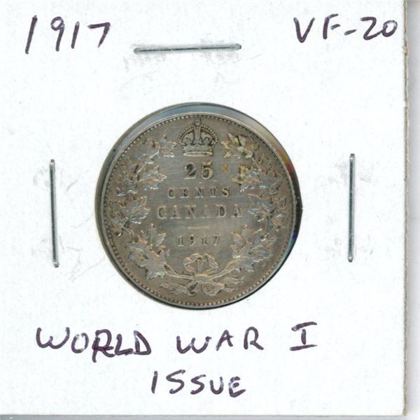 1917 Canadian Silver 25 Cents. World War I issue. VF-20. Nice.