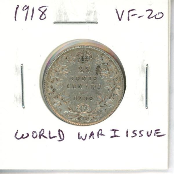 1918 Canadian Silver 25 Cents. The last year of World War I. VF-20. Nice.