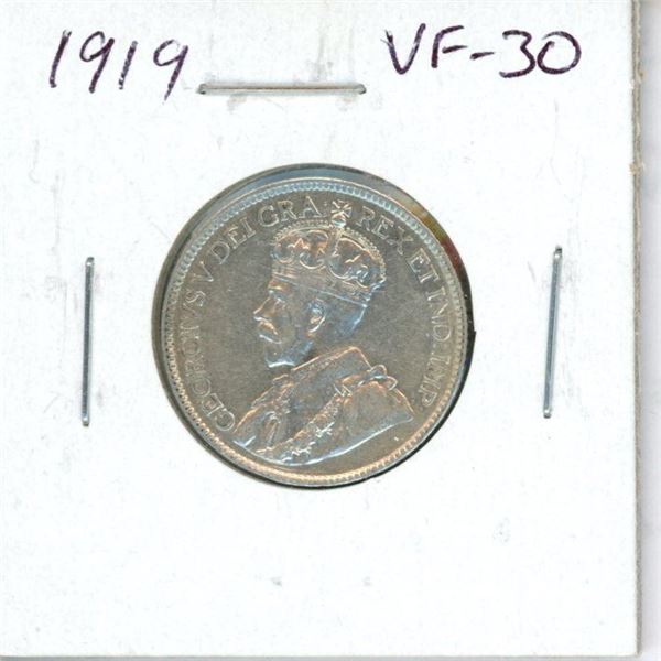 1919 Canadian Silver 25 Cents. VF-30. Nice.