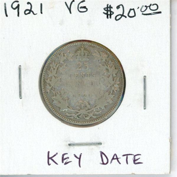 1921 Canadian Silver 25 Cents. Key Date. Mintage of 597,337. VG-8.