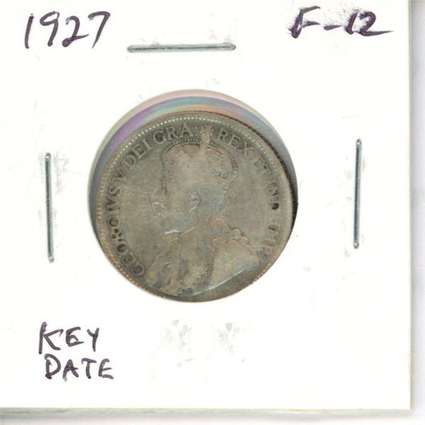 1927 Canadian Silver 25 Cents. Key Date. Mintage of 468,096. F-12.