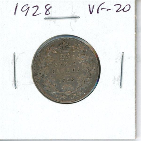1928 Canadian Silver 25 Cents. VF-20. Nice.