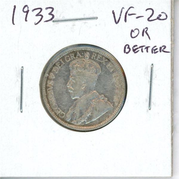 1933 Canadian Silver 25 Cents. VF-20 or better. Nice.