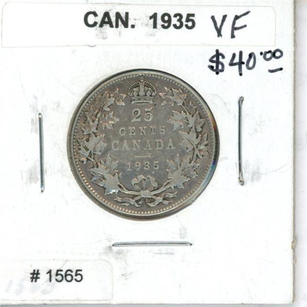 1935 Canadian Silver 25 Cents. VF-20. Nice.