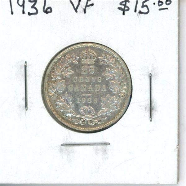 1936 Canadian Silver 25 Cents. The last 25 cents issued for King George V. VF-20. Nice.