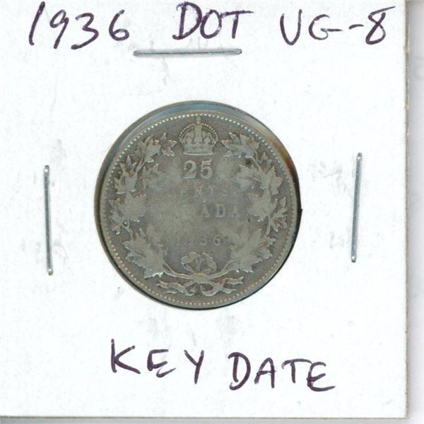 1936 Dot Canadian Silver 25 Cents. Scarce Dot variety. VG-8.