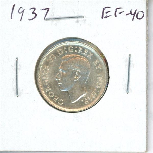 1937 Canadian Silver 25 Cents. The first 25 cents issued for King George VI. EF-40. Nice.