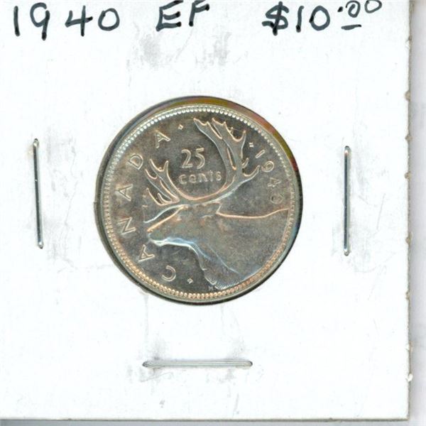 1940 Canadian Silver 25 Cents. World War II issue. EF-40. Nice.