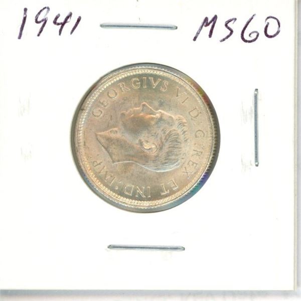 1941 Canadian Silver 25 Cents. World War II issue. MS-60. Bright White. Nice.