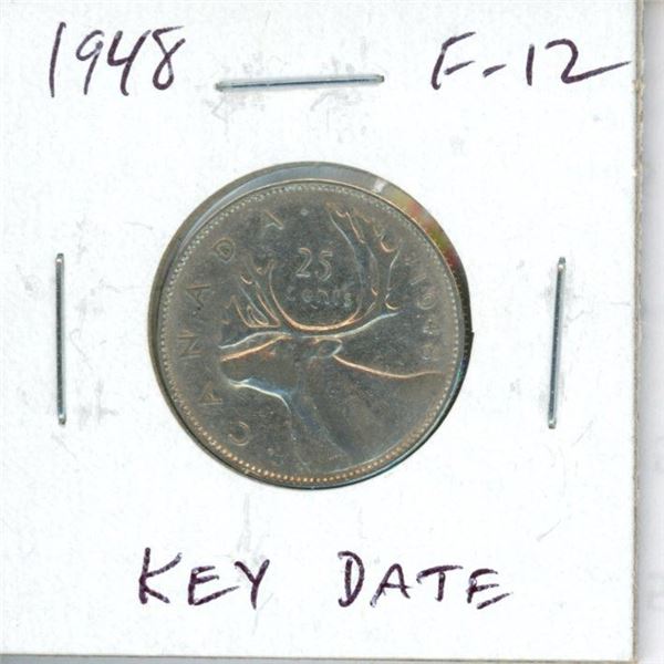 1948 Canadian Silver 25 Cents. Key Date. F-12.