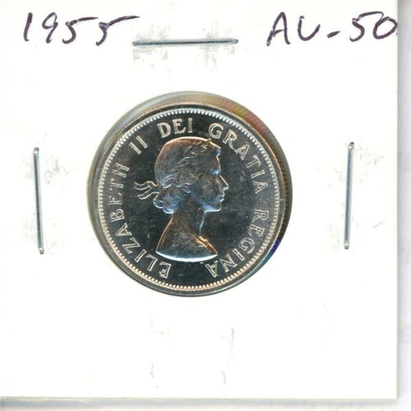 1955 Canadian Silver 25 Cents. AU-50. Nice.