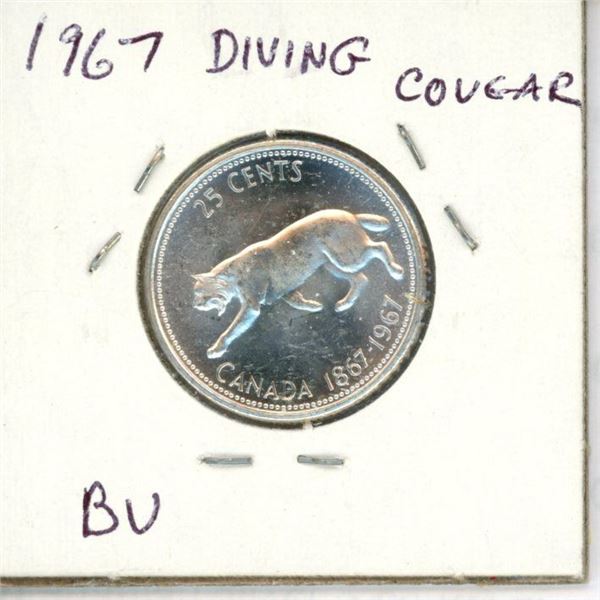 1967 Diving Cougar Canadian Silver 25 Cents. The result of a Rotated Die. BU. Bright White. Nice.