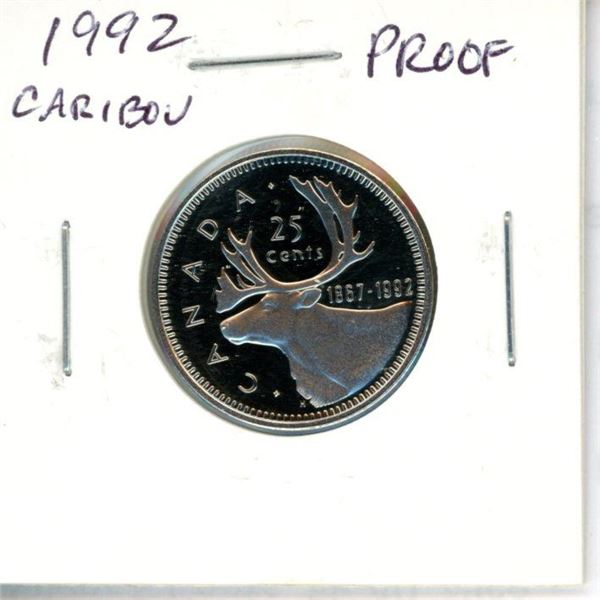 1992 Caribou Canadian 25 Cents. Proof. Key Date.