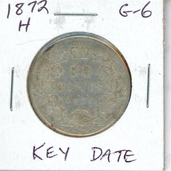 1872H Canadian Victorian Silver 50 Cents. Heaton Mint. Key Date. Mintage of 80,000. G-6.