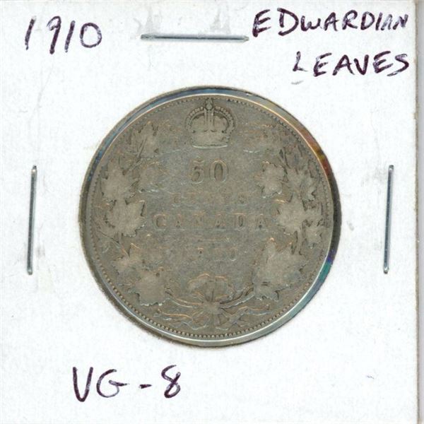 1910 Edwardian Leaves Canadian Silver 50 Cents. The last silver 50 Cents issued for King Edward VII.