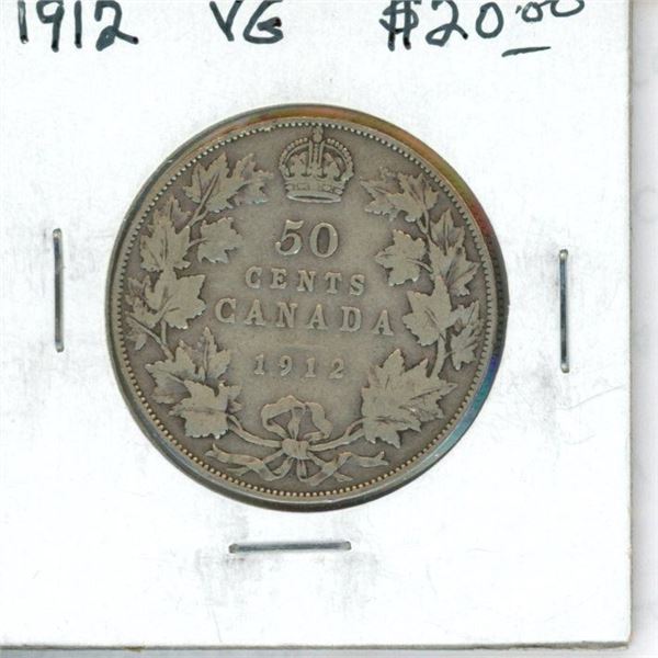 1912 Canadian Silver 50 Cents. Key Date. Mintage of 385,867. VG-8.