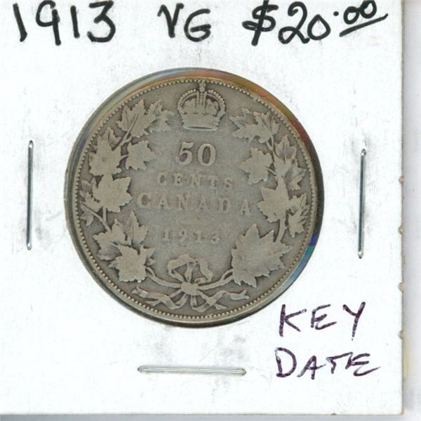 1913 Canadian Silver 50 Cents. Key Date. Mintage of 265,889. VG-8.
