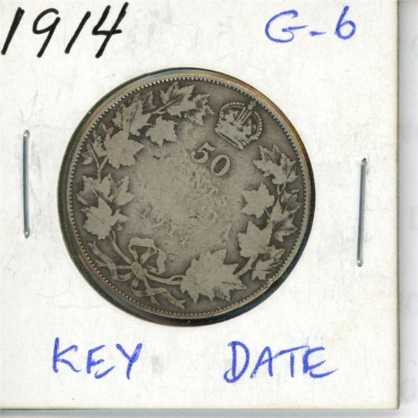 1914 Canadian Silver 50 Cents. World War I issue. Key Date. Mintage of 160,128. G-6.