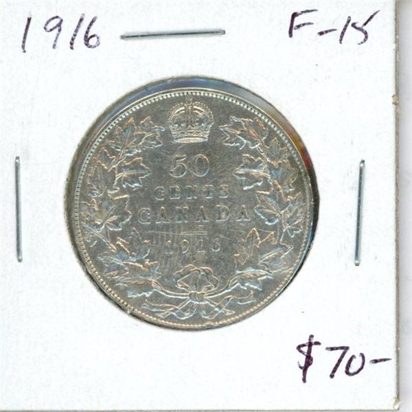 1916 Canadian Silver 50 Cents. World War I issue. Key Date. Mintage of 459,070. F-15.