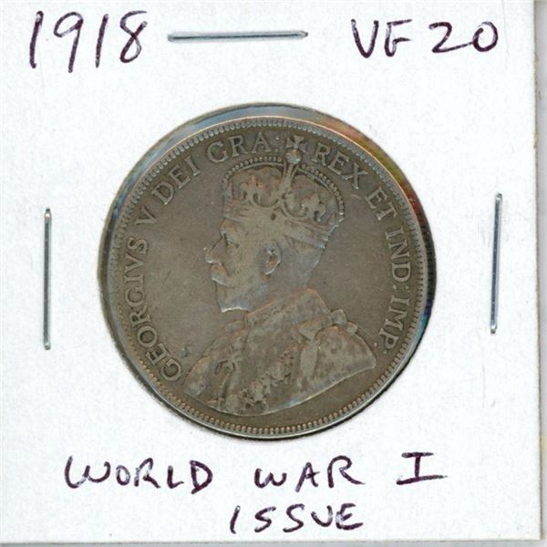 1918 Canadian Silver 50 Cents. The last year of World War I. VF-20. Nice.
