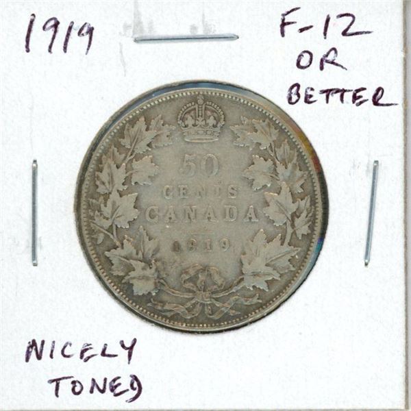1919 Canadian Silver 50 Cents. F-12 or better. Nicely Toned