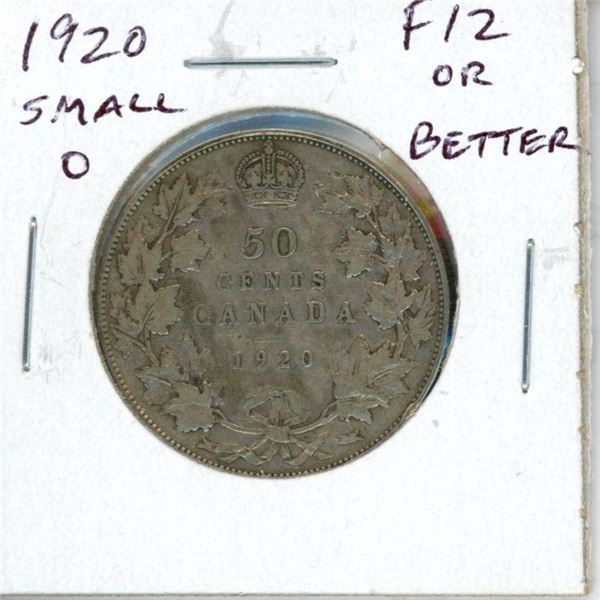1920 Small Narrow 0 Canadian Silver 50 Cents. F-12 or better.