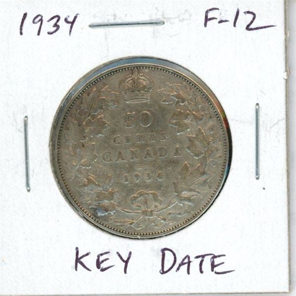 1934 Canadian Silver 50 Cents. Key Date. Mintage of 39,539. F-12.