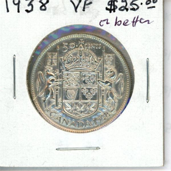 1938 Canadian Silver 50 Cents. Key Date. Mintage of 192,018. VF-20 or better. Nice.