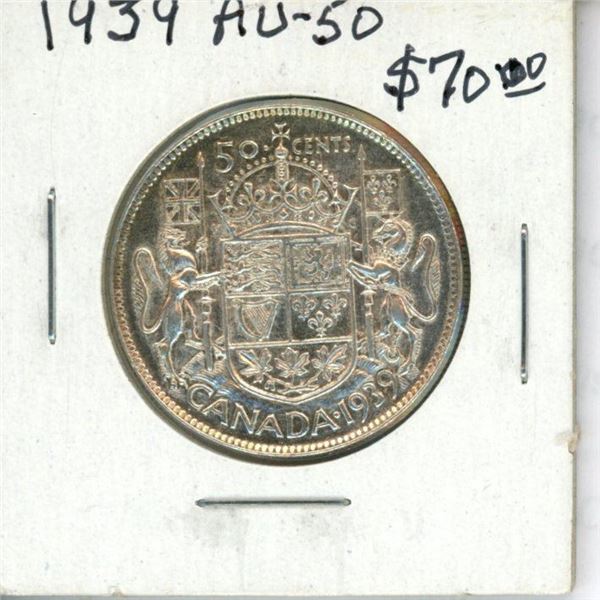 1939 Canadian Silver 50 Cents. Key Date. Mintage of 287,976. The first year of World War II. AU-50. 