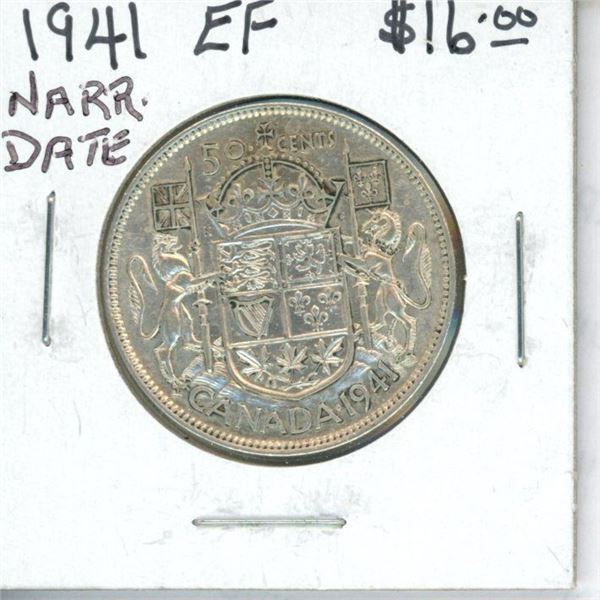 1941 Narrow Date Canadian Silver 50 Cents. EF-40. Nice.