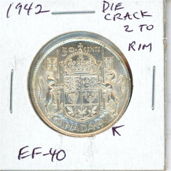 1942 Canadian Silver 50 Cents. Reverse Die Crack from 2 in date to Rim. EF-40. Nice.